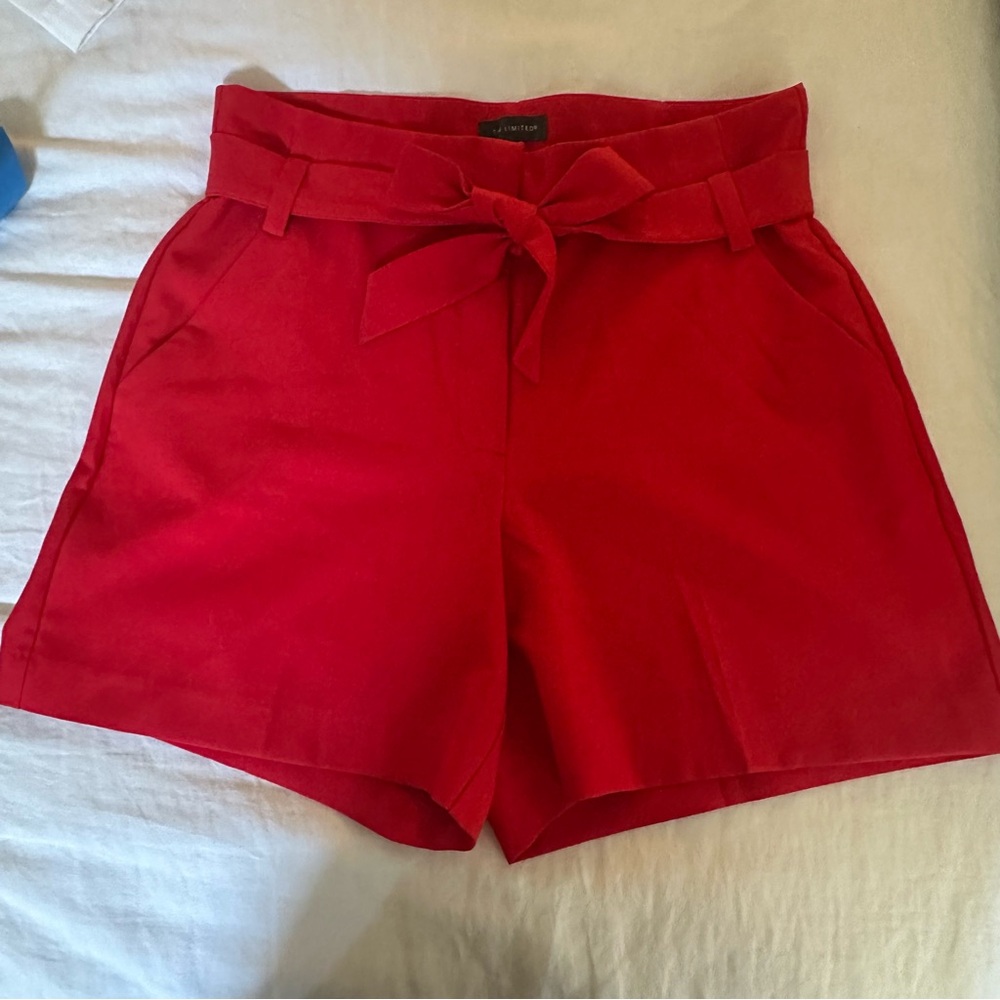 THE LIMITED red high waisted shorts with a self tie, zip front w/2 hook closures